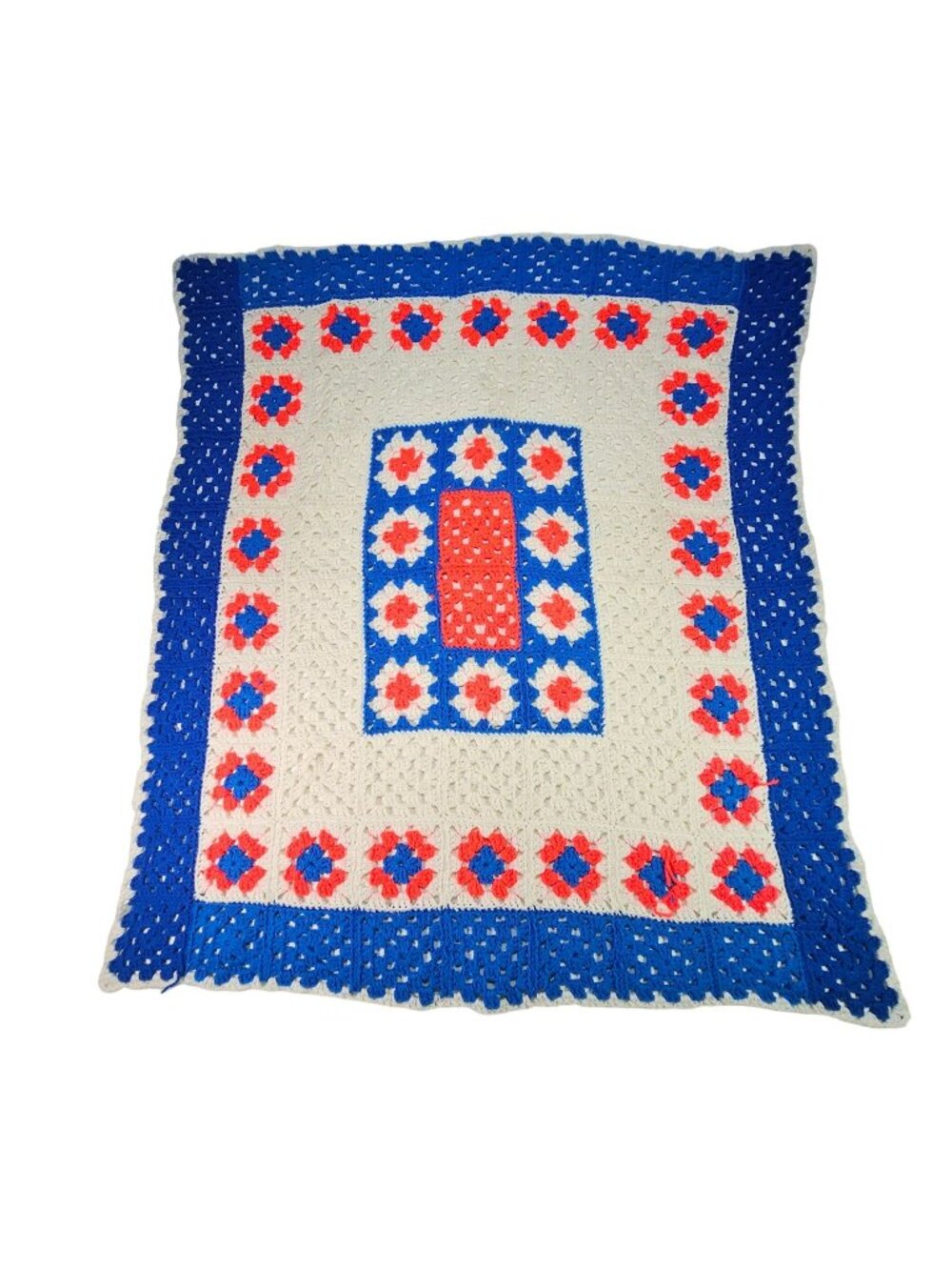 Vintage Granny Square Crochet Afghan Blanket Throw 45"x50" Red White & Blue